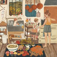 an image of a woman cooking in the kitchen with her child and dog on the floor