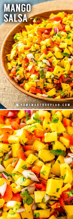 mango salsa in a wooden bowl on top of a table with the words mango salsa above it