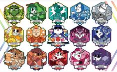 an assortment of cartoon character badges with different colors and designs on them, including one for each