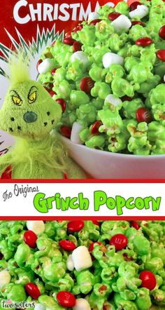 the grinch popcorn recipe is ready to be eaten and put on display for christmas