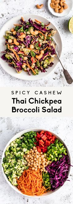 two bowls filled with different types of food and the words spicy cashew thai chickpea broccoli salad