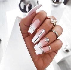 Tapered Square Nails, Elegant Nail Designs, Her Nails, White Nail, Pink Nail, Luxury Nails