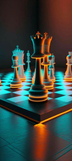 a group of chess pieces sitting on top of a checkerboard floor covered in blue and yellow lights