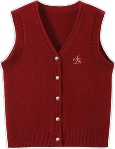 Knit Button Sweater Vest For Fall, Knit Sweater Vest With Buttons For Fall, Casual Sleeveless Button Cardigan, Trendy Fall Vest With Buttons, Fall Sleeveless Cardigan With Buttons, Classic Winter Vest With Buttons, Trendy Red Vest For Fall, Red Knit Winter Vest, Red Knit Vest For Winter