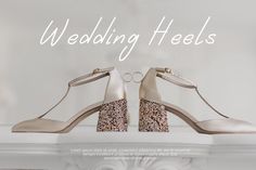 a pair of wedding heels sitting on top of a white shelf next to a wall