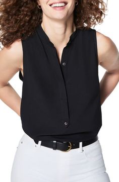 Find SPANX® Sleeveless Crepe Top on Editorialist. A hidden-button placket brings a streamlined look to this sleeveless top. Hidden-button half placket Band collar Sleeveless 95% polyester, 5% elastane Machine wash, line dry Imported Crepe Top, Band Collar, Button Placket, Classic Black, Sleeveless Top, Top Brands, Top Blouse, Nordstrom, Womens Tops