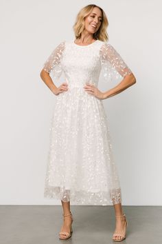 Kendra Embroidered Dress | White 90s Mom Outfit, Eternal Marriage, Clothing Themes, White Embroidered Dress, Baltic Born, Tulle Sleeves, Fall Winter Dresses, Embroidered Midi Dress, Embroidered Tulle