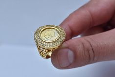 Gold coin ring A diamond ring set with a 21K gold-filled ring Handmade gold ring. Seal coin ring A stackable ring Jewelry Statement Ring Coin Jewelry Rings Seal Rings Gift for a woman Gift for her Anniversary gift A birthday gift