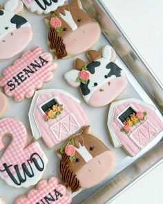 decorated cookies in the shape of farm animals and barnyards are displayed on a tray