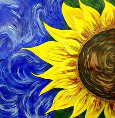 a painting of a sunflower with blue and yellow swirls in the background that says, i would be a nice paint bar pic we could teach