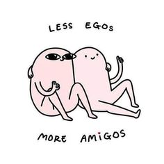 two people hugging each other with the words less eggs more amigoss on them