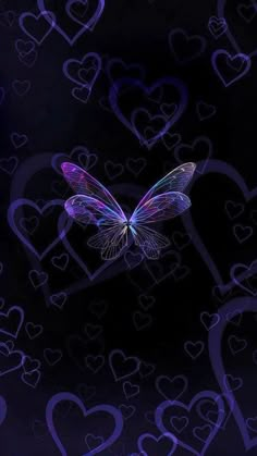 a butterfly flying through the air surrounded by heart shaped shapes in purple and blue colors