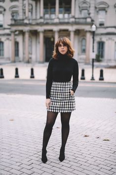 How To Transition Into Winter Weather…. | The Thrill of the hunt Tartan Skirt Outfit, Zara Turtleneck, Plaid Skirt Outfit, Winter Dress Outfits, Miniskirt Outfits, Black Pantyhose, Tights Outfit, Skirt Outfit, Plaid Skirt