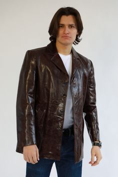 Hand made Italian style in glossy real leather jacket is a classic wear . made from the best quality real leather in Brick lane London east End in any size and colours. please get in touch for any help and advise. Fitted Single Breasted Leather Biker Jacket, Fitted Single-breasted Leather Biker Jacket, Retro Leather Outerwear For Formal Occasions, Classic Fitted Single Breasted Biker Jacket, Fitted Brown Leather Sport Coat, Fitted Retro Leather Jacket, Vintage Fitted Leather Sport Coat, Retro Single Breasted Leather Jacket, Retro Single-breasted Leather Jacket