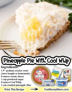 an advertisement for pineapple pie with cool whip cream on it and the recipe below