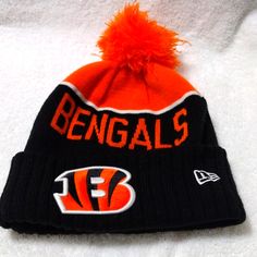 - Nfl - Cincinnati Bengals - Pom Beanie - Black, Orange, White With Embroidered B On Front, Nfl Logo On Back - One Size Fits Most - New Without Tags - New Era Brand Beanie Black, Nfl Logo, Pom Beanie, Cincinnati Bengals, Black Orange, Orange White, Cincinnati, Orange Black, New Era