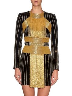 BALMAIN Black Embellished Gold Beaded Fringe Mini Dress Balmain Designer, Shoes For Babies, Balmain Dress, Gold Wedding Dress, Fringe Mini Dress, Best Amazon Products, Beaded Fringe, Embellished Dress, Gold Dress