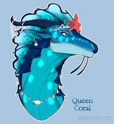 a blue sea horse with a starfish on it's head and pearls around its neck