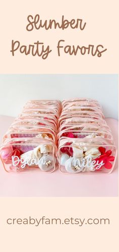 some plastic containers filled with food and the words summer party favors written on them in white letters