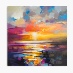 an abstract painting of the sun setting over water