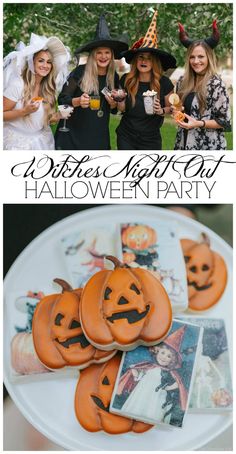 halloween party with pumpkins and witches on the table, and an image of two women in witch hats