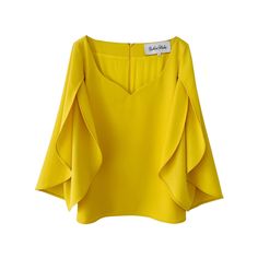 Subin Hahn's Belle Blouse from the Fluidwear 2024 collection features a deep sweetheart neckline and elegantly flowing sleeves. Made of high-quality wool twill in a vibrant yellow that evokes Belle's iconic ball gown from Disney's Beauty and the Beast. Material: 100% Wool (Shell), 100% Silk Charmeuse (Lining). Care: Dry Clean Only. Made in New York City. Yellow Ruffled Long Sleeve Blouse, Casual Yellow Tops With Built-in Bra, Yellow Soft-washed Casual Tops, Feminine Yellow V-neck Blouse, Yellow Soft-washed Cotton Tops, Shirt Blouses Women's, Disney Beauty And The Beast, Silk Charmeuse, Pearl Jewellery Earrings