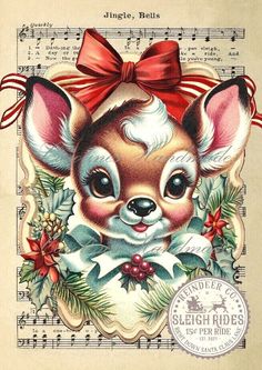 an old fashioned christmas card with a little deer wearing a red bow and holly wreath