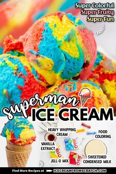 an ice cream poster with the words superman super fun on it's front and back