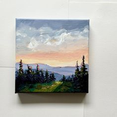 an acrylic painting of a landscape with trees and mountains in the background at sunset