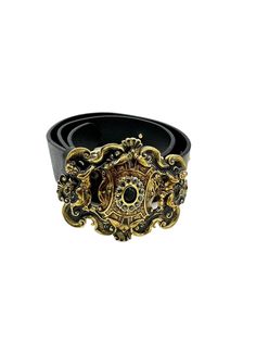 "Statement Doncaster belt made in Italy. Wide leather with large belt buckle of two cherubs with a center crest embellished with black rhinestone. Leather belt has embellishments matching the color of the belt buckle. Details 1990/2000s Signed Doncaster Made in Italy Chic Glamour Signature Style Measurements Buckle measures appx. 4\" x 3\" Thick wide leather belt measures 39\" with last clasp hole at 34\" / width 1 1/2\" Condition Report Good vintage condition no significant flaws or signs of wear." Formal Black Antique Belt Buckle, Italy Chic, Large Belt, Statement Belt, Wide Leather Belt, 2024 Style, Vintage Belts, Suspender Belt, Black Rhinestone