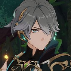 an anime character with grey hair and blue eyes in front of a dark forest background