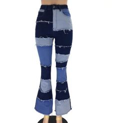 Ladies Plus Size Bell Bottom Washed Flare Patchwork High Waist Jeans Women  | eBay Patchwork Denim Jeans, Estilo Hipster, Denim Decor, Streetwear Mode, Jean Flare, How To Stretch Boots, Bodycon Fashion, Bell Bottom, Denim Flares