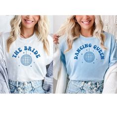 two pictures of a woman with blonde hair wearing a blue disco ball sweatshirt and denim shorts