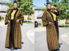 "This brown tribal print kimono is a must have for your wardrobe for all seasons. It is free flowing and can be tailored up to size 5XL. Over-sized means the kimono comes as a loose fit than your regular sizing. This allows you to wear it as a belted dress or as a free flowing overcoat. Note: Order your exact size if you don't want too much of an \"oversized\" look. The length of the standard Kimono is 58 inches long, it can be customized shorter or longer. Please include your height in the cust Bohemian Brown Kimono For Fall, Brown Kimono With Kimono Sleeves For Fall, Long Brown Kimono For Festival, Brown Long Kimono For Festival, Bohemian Long Sleeve Brown Kimono, Bohemian Brown Long Sleeve Kimono, Traditional Brown Kimono For Fall, Bohemian Brown Kaftan For Fall, Brown Bohemian Kaftan For Fall