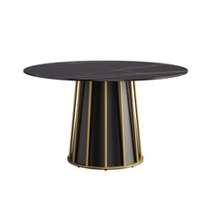 a black and gold dining table with an oval marble top, on a white background