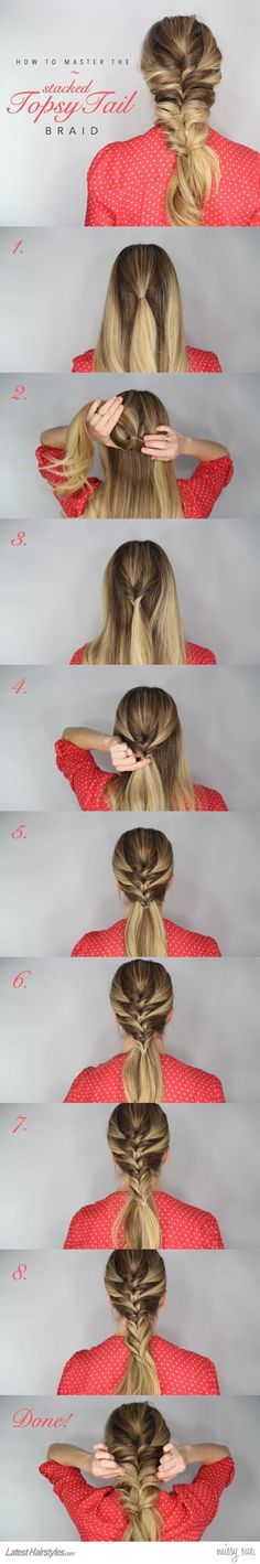 stacked-topsy-tail-braid via Step Hairstyle, Topsy Tail, Tail Braids, Hairstyle Tutorials, Twist Braid, Step By Step Hairstyles, Braid Hairstyle, Diy Braids, Hair Tutorials Easy