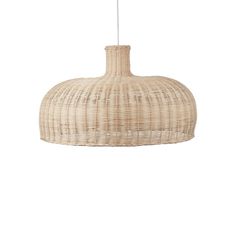 the large rattan pendant light is hanging from a white ceiling fixture with a black cord