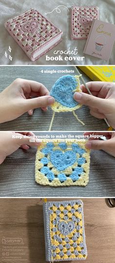 crochet book covers are shown with instructions to make them