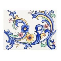 an artisticly designed tile with flowers and leaves in blue, yellow and white colors