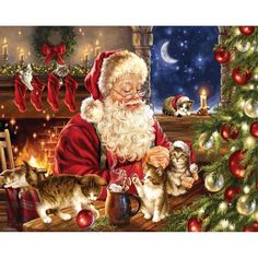 a painting of santa claus with his cats