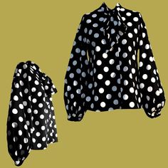 Mod Retro 60s-Style Bishop Sleeve Button Up  Polka Dot Tie Blouse  * size small excellent condition Chic Polka Dot Blouse With Buttons, Retro Black Button-up Blouse, Polka Dot Collared Blouse With Buttons, Elegant Polka Dot Blouse With Buttons, Elegant Polka Dot Top With Buttons, Fall Polka Dot Blouse With Button Closure, Fall Polka Dot Pattern Blouse With Button Closure, Fitted Polka Dot Blouse With Button Closure, Polka Dot Blouse With Button Closure For Fall