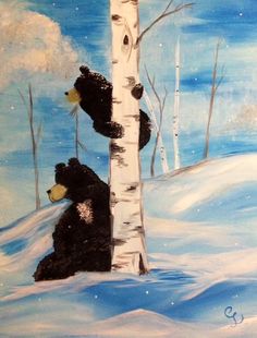 a painting of two bears in the snow next to a tree