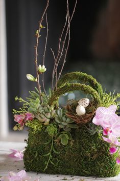 an arrangement of moss and flowers in a basket with bird's nest on top