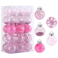 pink and white ornaments in a clear box