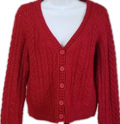 Red V-neck Sweater With Button Closure, Red Knit Outerwear With Buttons, Red Knit Cardigan With Button Closure, Red Knit Sweater With Buttons, Cozy Red Cable Knit Cardigan, Red Knit Cardigan With Buttons, Womens Sweater, Button Front Cardigan, Cable Knit Cardigan