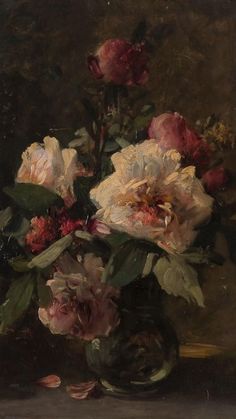 a painting of pink and white flowers in a glass vase on a brown tablecloth