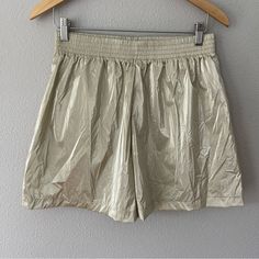 Oysho Gold Metallic Shiny Shorts Size M ~New With Tags ~Made In Morocco ~100% Polyurethane Beige Athleisure Shorts For Summer, Summer Athleisure Beige Shorts, Sporty Neutral Bottoms For Spring, Shiny Shorts, Teal Jeans, Flower Jeans, Nike Neon, Cutoff Jean Shorts, Midi Denim