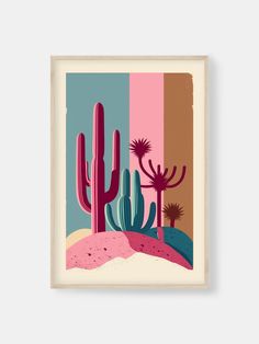 an art print with cactuses and other plants in different colors on a white wall