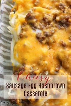 sausage egg hashbrown casserole on a paper plate with text overlay