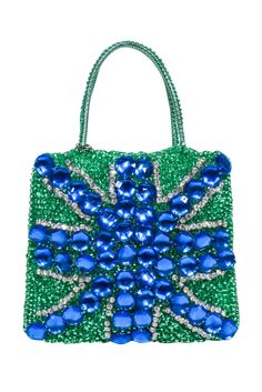 Current Boutique-Anteprima - Green Coil Bag w/ Blue Beaded Front Handbag Green Beaded Bag For Summer, Green Beaded Rectangular Bag, Summer Green Beaded Bag, Trendy Green Beaded Bag, Coil Design, Mule Heels, Razzle Dazzle, Mini Handbag, Rhinestone Trim